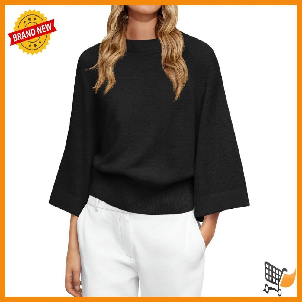 Soft Knit Batwing Sweater 3/4 Sleeve Crew Neck Loose Fit Pullover